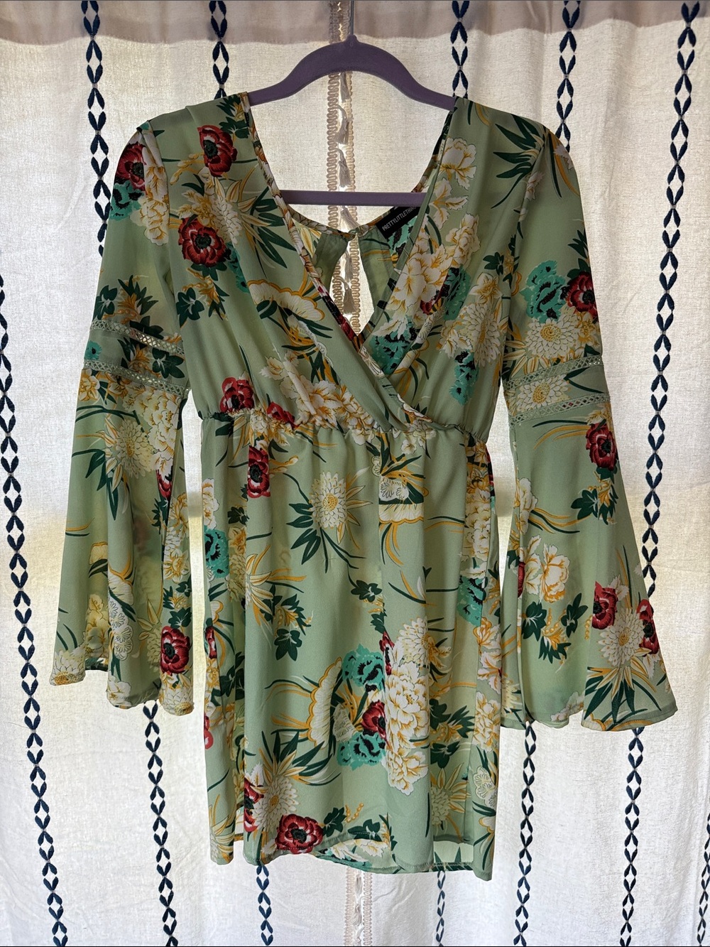 PrettyLittleThing Sage Green Floral Wrap Dress with Bell Sleeves